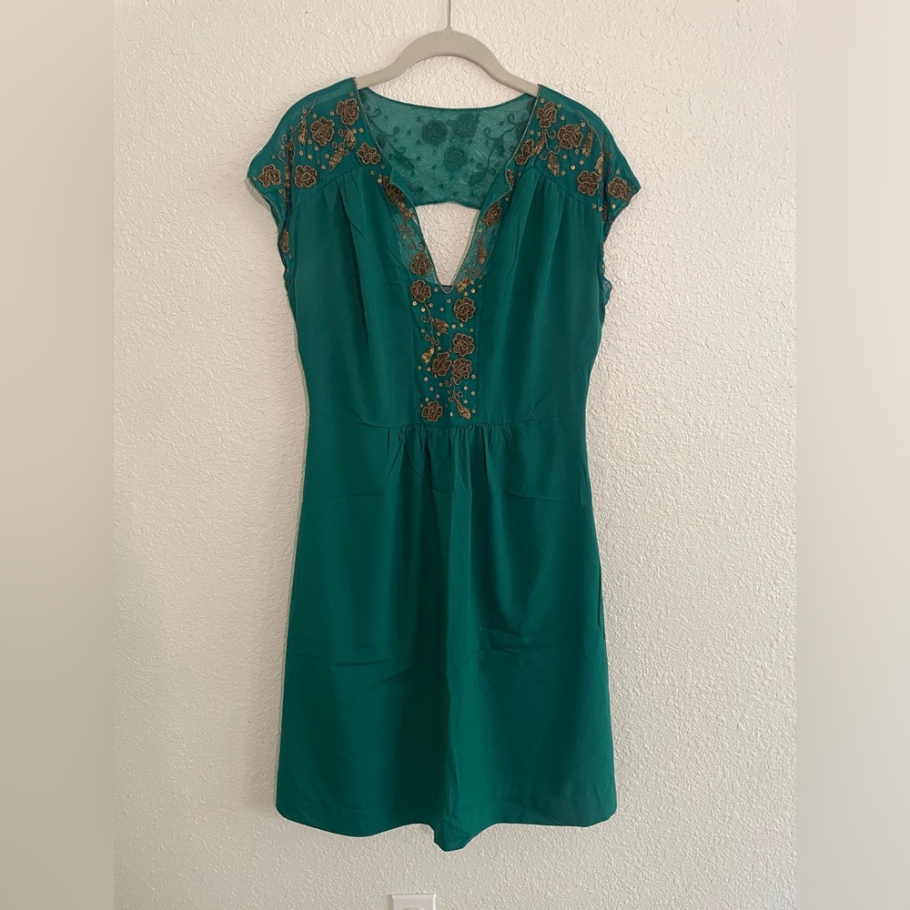 Anthropologie Dil Emerald Dress with Gold Beading and Cutout Back | Size 10